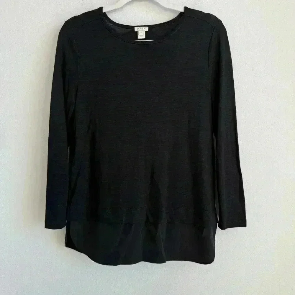 J.Crew‎ Long Sleeve Top With Silky Hem Women’s Small Black Faux Layered